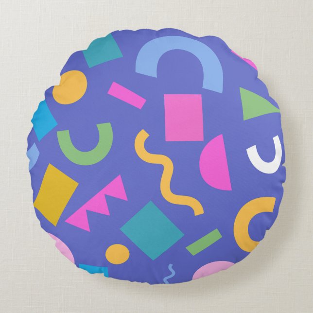 Colorful Abstract Geometric Memphis Style Pattern Round Cushion (Front)