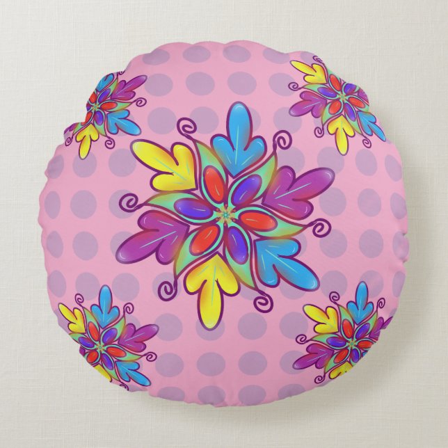 Colorful Abstract Kaleidoscope Flower Pattern Round Cushion (Front)