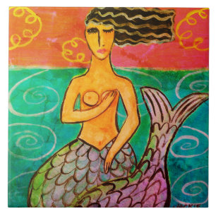 Colorful Abstract Mermaid Painting Ceramic Tile