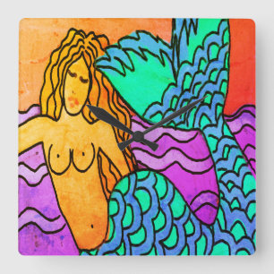 Colorful Abstract Mermaid Painting Square Wall Clock