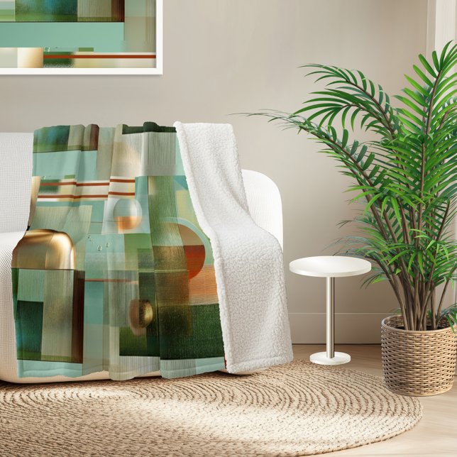 Colorful Abstract Modern Art Pattern Sherpa Blanket (Sherpa blanket featuring a modern abstract design in green, teal and gold)
