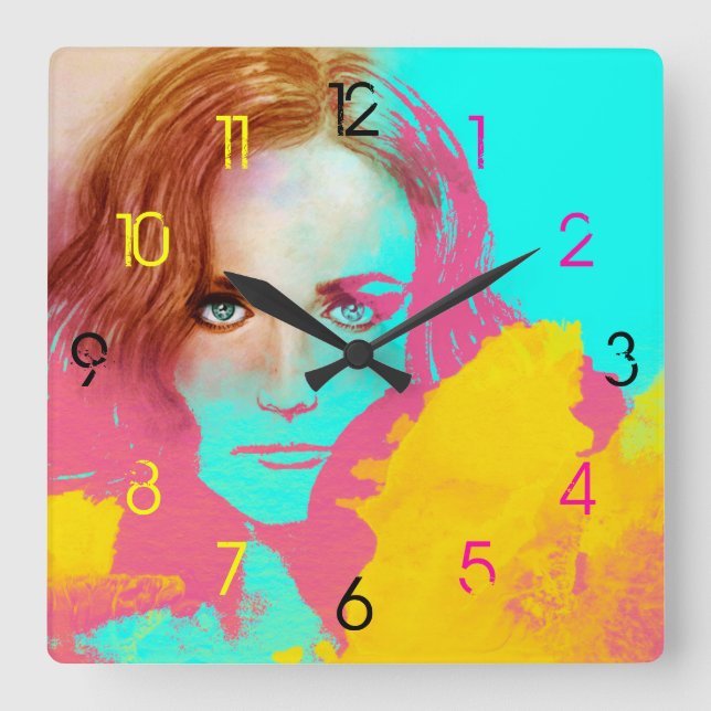 Colorful Abstract Pop Woman, Square Clock (Front)