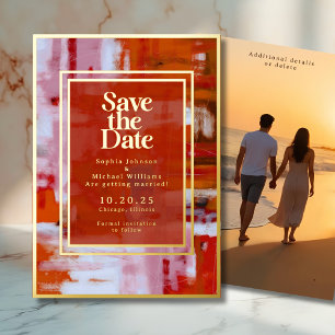Colorful Abstract Save the Date Photo Orange Reds Foil Holiday Card