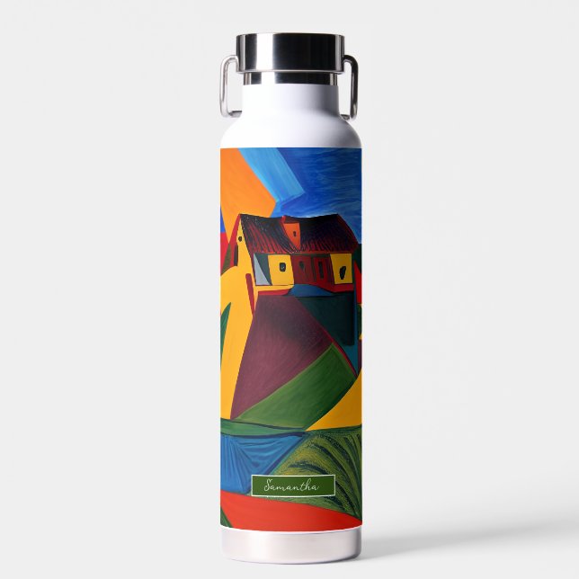 Colorful abstract village landscape personalized  water bottle (Front)