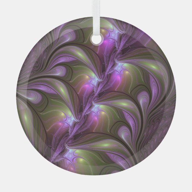 Colorful Abstract Violet Purple Khaki Fractal Art Glass Tree Decoration (Front)