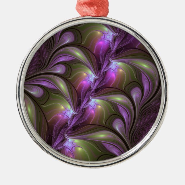 Colorful Abstract Violet Purple Khaki Fractal Art Metal Ornament (Front)