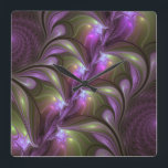 Colorful Abstract Violet Purple Khaki Fractal Art Square Wall Clock<br><div class="desc">Striking Fractal Art,  abstract and luminous
with shades of purple,  violet and khaki.
Design for your square wall clock and more.
For better results the round styles are separately 
in my store and collections for clocks.</div>
