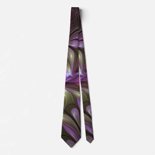 Colorful Abstract Violet Purple Khaki Fractal Art Tie (Front)