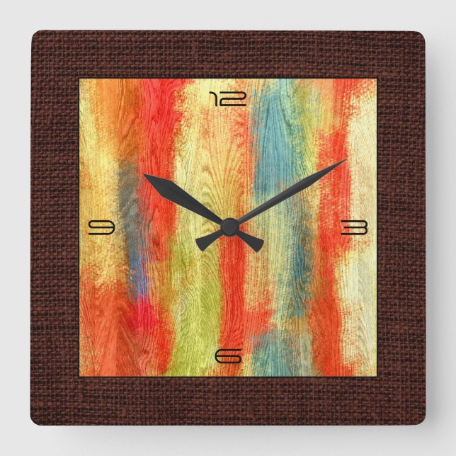 Colorful Abstract Wood Grain Modern Burlap Border Square Wall Clock (Front)