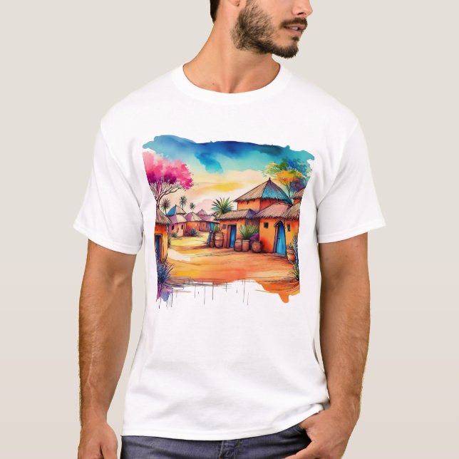 Colorful African Village Watercolour Painting T-Shirt (Front)