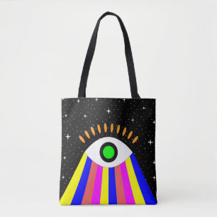 Colorful all seeing eye flat design with stars and tote bag