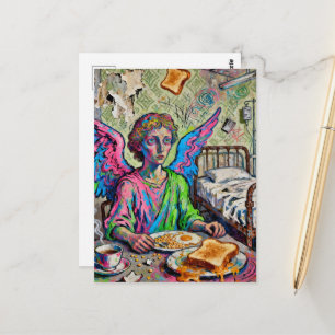 Colorful Angel at Breakfast Art Brut Style Postcard