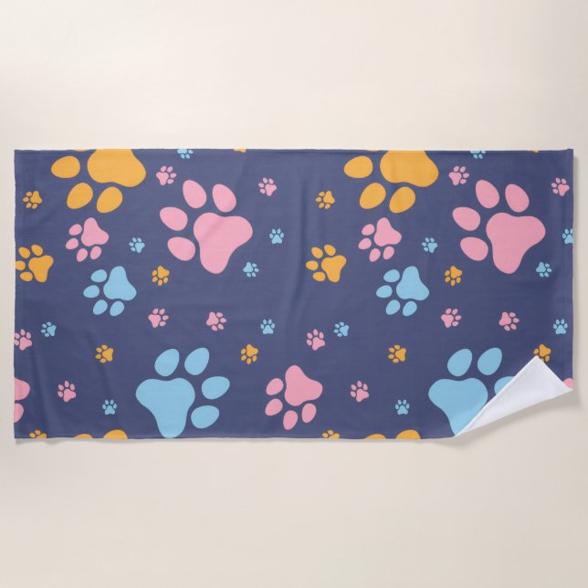 Colorful Animal Paw Prints Pattern Beach Towel (Front)