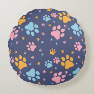 Colorful Animal Paw Prints Pattern Round Cushion
