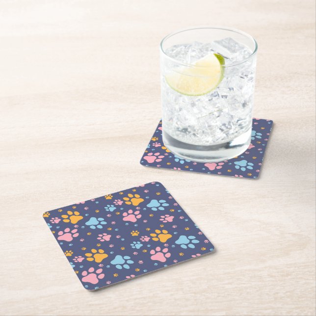 Colorful Animal Paw Prints Pattern Square Paper Coaster (Insitu)