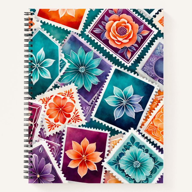 Colorful Antique Stamp Art Spiral Notebook (Front)