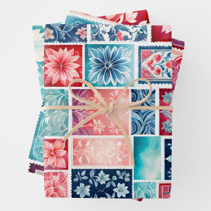 Colorful Antique Stamp Art Wrapping Paper Sheets