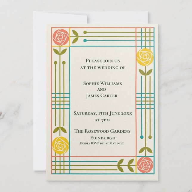 Colorful Art Deco Floral Wedding Invitation (Front)