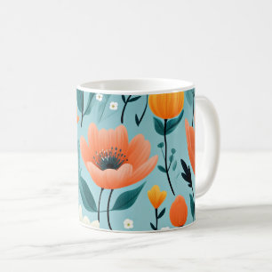 Colorful art flowers-aqua, white, peach, yellow, coffee mug