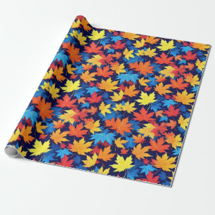 Colorful Autumn Leaves On Dark Blue Background Wrapping Paper