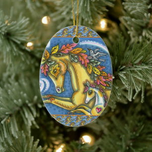 COLORFUL AUTUMN LEAVES ON WHIMSICAL HORSE & COLT CERAMIC ORNAMENT