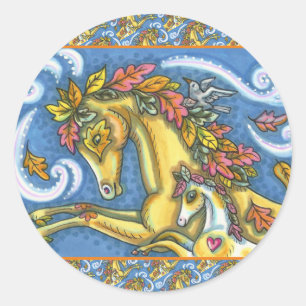 COLORFUL AUTUMN LEAVES ON WHIMSICAL HORSE & COLT CLASSIC ROUND STICKER