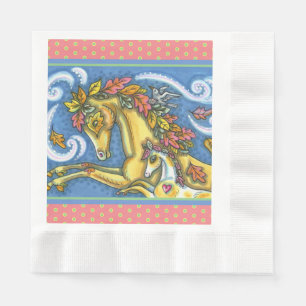 COLORFUL AUTUMN LEAVES ON WHIMSICAL HORSE & COLT NAPKIN