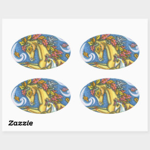 COLORFUL AUTUMN LEAVES ON WHIMSICAL HORSE & COLT OVAL STICKER