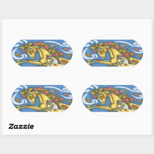 COLORFUL AUTUMN LEAVES ON WHIMSICAL HORSE & COLT OVAL STICKER