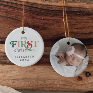 Colorful Baby's First Christmas Newborn Photo Ceramic Ornament
