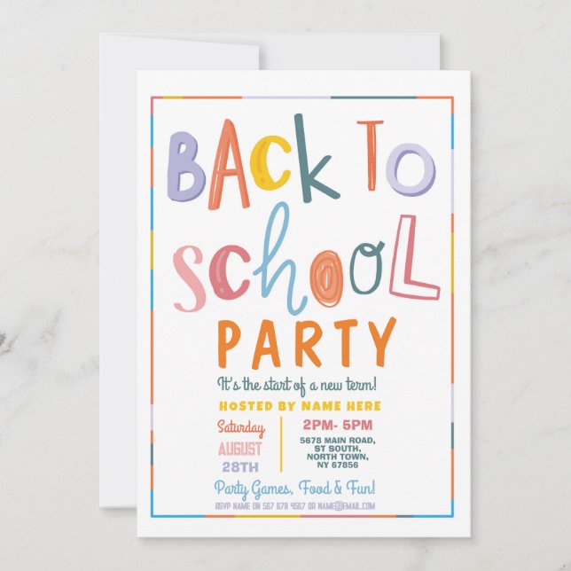 Colorful Back To School Party Modern Text Invitation (Front)