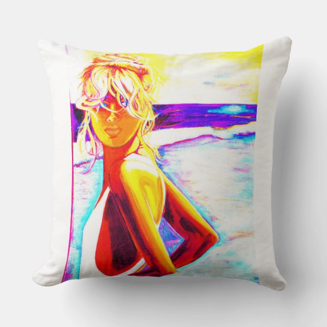 Colorful Beach Girl Throw Pillow  (Front)