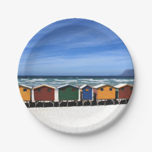 Colorful Beach Huts by the Sea Paper Plate