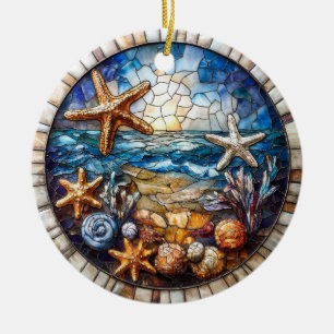 COLORFUL BEACH & SEASHELLS STAINED GLASS LOOK CERAMIC ORNAMENT