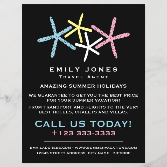Colorful Beach Starfish, Travel Agent Advertising Flyer (Front)