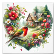 Colorful Bird and Floral Cottage Watercolor