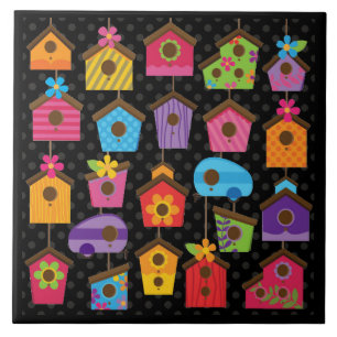 Colorful Bird Houses Design Ceramic Tile