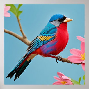 Colorful Bird on Blooming Branch Poster