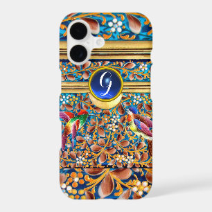 COLORFUL BIRDS AND FLORAL SWIRLS BLUE GEM MONOGRAM