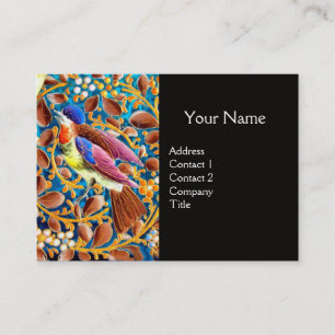COLORFUL BIRDS AND FLORAL SWIRLS BLUE GEM MONOGRAM BUSINESS CARD