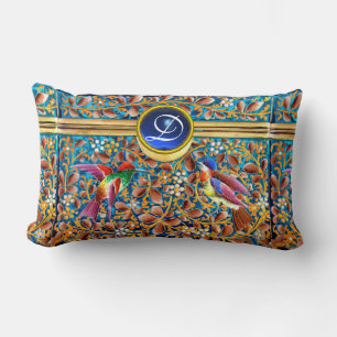 COLORFUL BIRDS AND FLORAL SWIRLS BLUE GEM MONOGRAM LUMBAR CUSHION