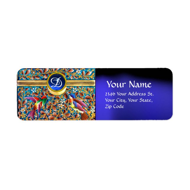 COLORFUL BIRDS AND FLORAL SWIRLS BLUE GEM MONOGRAM RETURN ADDRESS LABEL (Front)