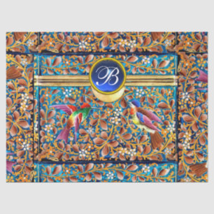 COLORFUL BIRDS AND FLORAL SWIRLS BLUE GEM MONOGRAM TISSUE PAPER