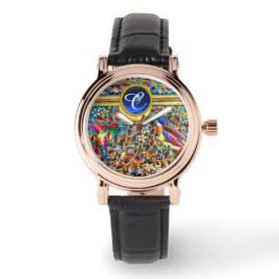 COLORFUL BIRDS AND FLORAL SWIRLS BLUE GEM MONOGRAM WATCH