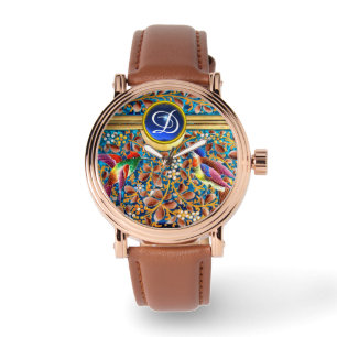 COLORFUL BIRDS AND FLORAL SWIRLS BLUE GEM MONOGRAM WATCH
