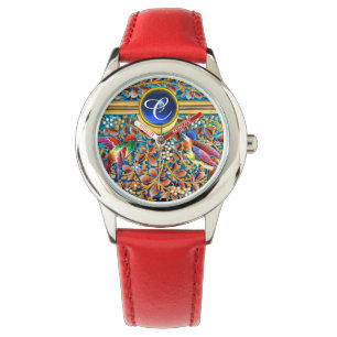 COLORFUL BIRDS AND FLORAL SWIRLS BLUE GEM MONOGRAM WATCH
