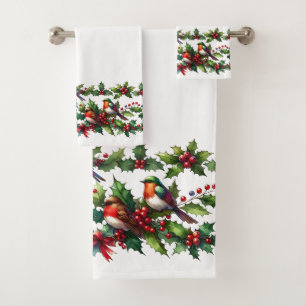 Colorful Birds and Holly Christmas Pattern  Bath Towel Set