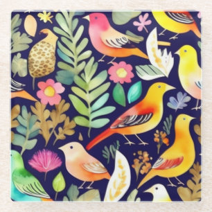 Colorful birds floral pattern blue decor glass coaster
