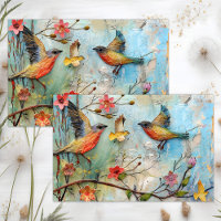 COLORFUL BIRDS IN FLIGHT MIXED MEDIA DECOUPAGE