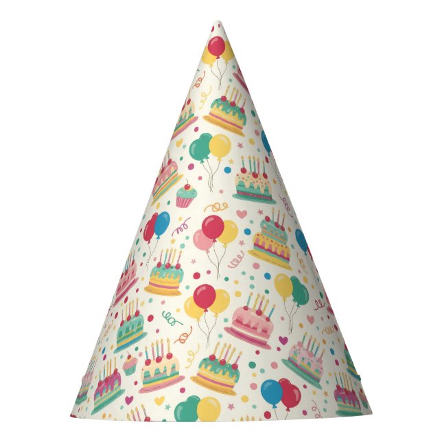 Colorful Birthday Cakes and Balloons Party Hats (Front)